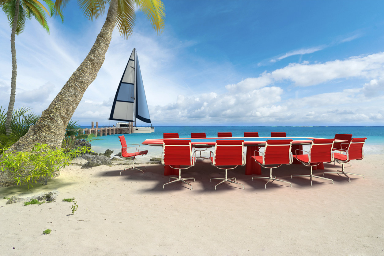 3D rendering of a meeting table in a tropical beach