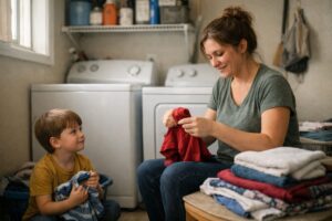 Mother and child folding laundry from the comfort of home