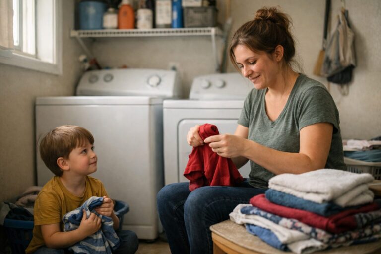 Mother and child folding laundry from the comfort of home