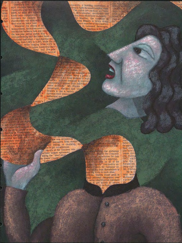 A surreal mixed media portrait where a stylized figure emerges through layers of financial newsprint. The collage reflects the constant flow of economic information and its influence on human thought and identity. Textured tones and expressive forms create a striking dialogue between emotion and the world of industry and markets.