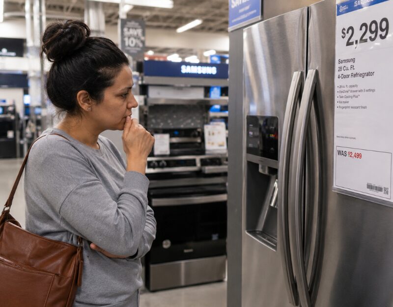 A consumer compares refrigerator prices and product information in a retail appliance store while evaluating household purchase options.